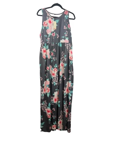 NWT ZZER Maxi Dress Racerback Pockets Gray/Pink Floral Size XXL Super Comfy