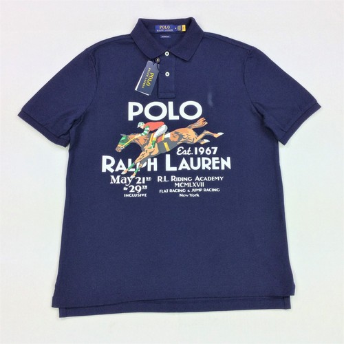 Polo Ralph Lauren Men VTG Classic Horse Riding Graphic Mesh Polo Shirt Navy