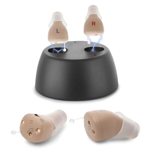 Rechargeable Hearing Amplifier to Aid and Assist Hearing, Completely-in-Canal CIC Nearly Invisible Mini Personal Sound Device wNoise Cancellation & Feedback Reduction for Adults Seniors & Elderly