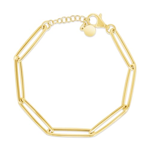Italian Sterling Silver Elongated or Chunky Paperclip Link Bracelet for Women Hypoallergenic Yellow Gold or Rhodium Coating 7 to 7.5 Inch Adjustable Bracelet