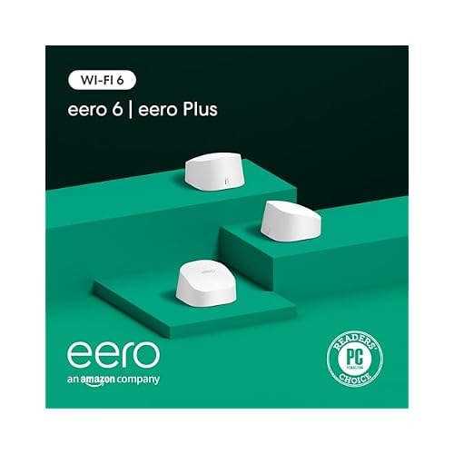 Amazon eero 6 mesh wifi system with 1-month free eero Plus (auto-renews) - Supports internet plans up to 500 Mbps, Coverage up to 4,500 sq. ft., 3-pack (1 router + 2 extenders)