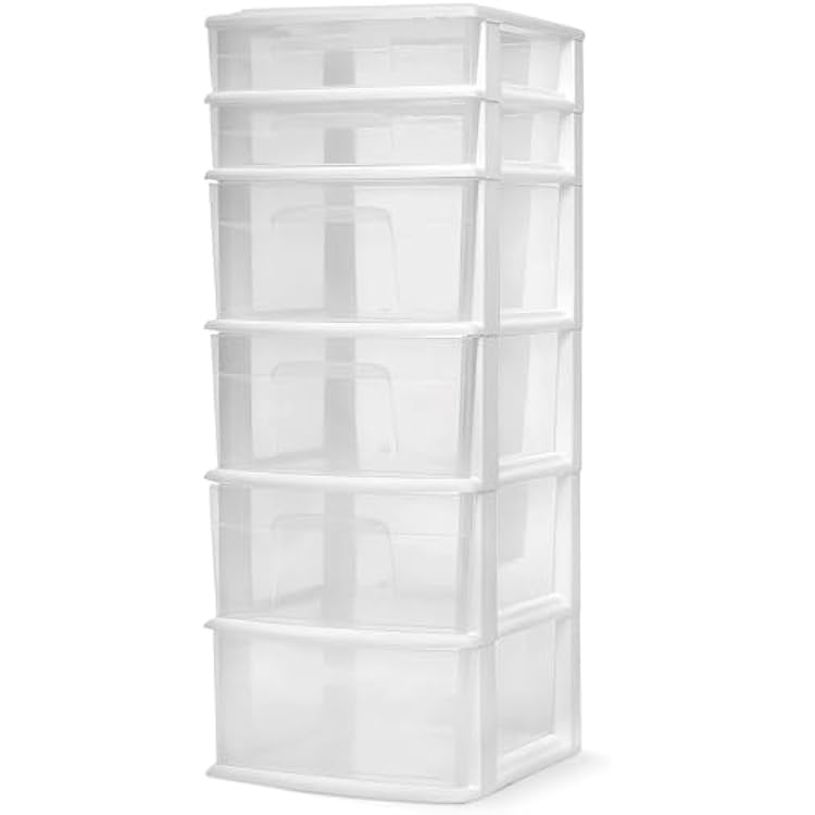 HOMZ 1-Pack Drawer Tower, 6-Tier Clear Plastic Storage Organizer Cart, White Frame - Heavy-Duty Organizing Drawers for Home, Bedroom, and Closet Organization