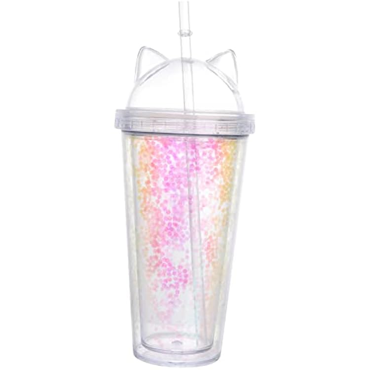 Cabilock 1pc Cat Ear Shape Double Layer Cup Straw Glitter Sequin Water Cup for Home School Travel Cute and Stylish Plastic Drinking Vessel Pink Random Color