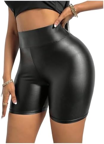WDIRARA Women's Pu Leather High Waisted Leggings Tummy Control Yoga Biker Shorts