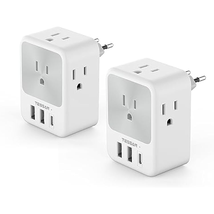 European Travel Plug Adapter 2 Packs, TESSAN Europe International Power Adaptor with 4 Outlets 3 USB Charging Ports 1 USB C, Type C Plug for Germany Iceland Spain Italy France