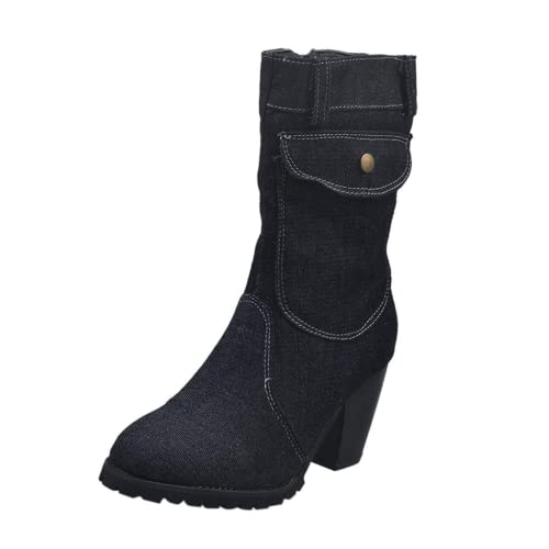 BORAMAX Calf Boots for Women Denim Short Boots Winter Zipper Rome Boots Round Toe Thick High Heel Slip-On Retro