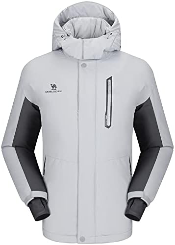 CAMEL CROWN Mens Mountain Snow Waterproof Ski Jacket Detachable Hood Windproof Fleece Parka Rain Jacket Winter Coat Light Gray XX-Large