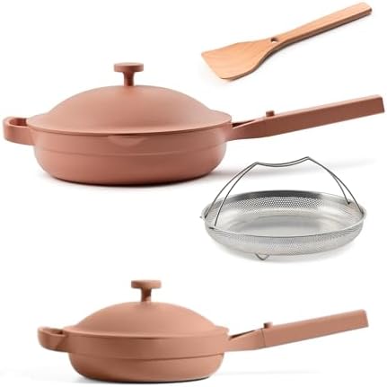 Our Place Always Pan Duo, 10.5" and 8.5" Nonstick Fry Pan Set with Strainer | Titanium pan duo; tri-ply, nonstick cookware, PFAS-free non-toxic; dishwasher, induction & oven safe to 1000F (750F Gold)