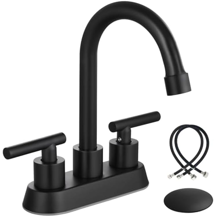 Airuida 4 Inch Centerset Bathroom Sink Faucet 2 Handle Stainless Steel Vanity Faucet with Pop Up Drain,Water Supply Lines and Swivel Spout,Matte Black