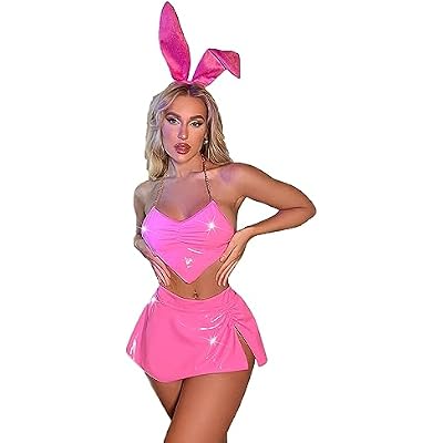 PURFUN Sexy Bunny Cosplay Lingerie Set 4Pcs Bunny Ear Headband Heart Crop Top Mini Skirt G-String Set Roleplay Babydoll Set