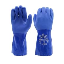 SHOWA Atlas 660 Triple-Dipped PVC Chemical Resistant Gloves, Heavy-Duty Gloves, Rough Finish Grip, Seamless Cotton Liner, 12" Length, Blue, X-Large, 1 Pair