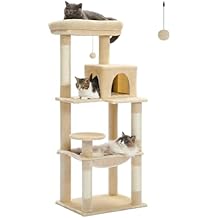 PETEPELA 56.3 Inches Multi-Level Cat Tree Cat Tower with Sisal Covered Scratching Posts, Comfort Condo, Extra Large Hammock and Plush Perches Beige