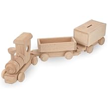 Wooden Train Set with Piggy Bank, Wooden Train Playset 21 inch, Ready for Paint, 2 Detachable Wagons, Classic Wooden Cars for Kids Toddler Boys and Girls