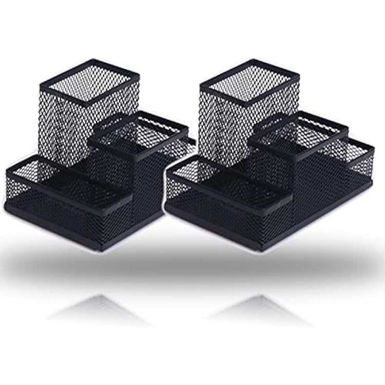 2 Packs Desk Organizer Desktop Mesh Pen Pencil Holder Caddy with 4 Compartments, Office Home School Classroom Accessories Cool Supplies 2Pcs Black