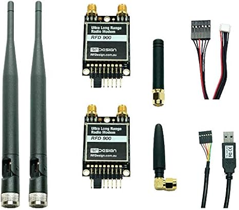RF Design RFD900x-US telemetry modem bundle with encryption and PPM passthrough, Pixhawk compatible, includes antennas and cables (7-piece set)