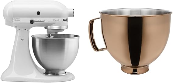 KitchenAid Classic Series 4.5 Quart Tilt-Head Stand Mixer K45SS, White & KSM5SSBRG KSM5SSB Mixer Bowl, 5-Quart, Radiant Gold