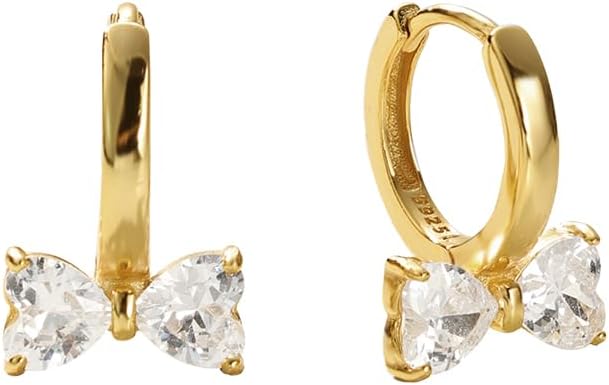 CAITLYNMINIMALIST 18K Gold Plated Sterling Silver Dainty Bow CZ Diamond Huggie Hoop Earrings for Women