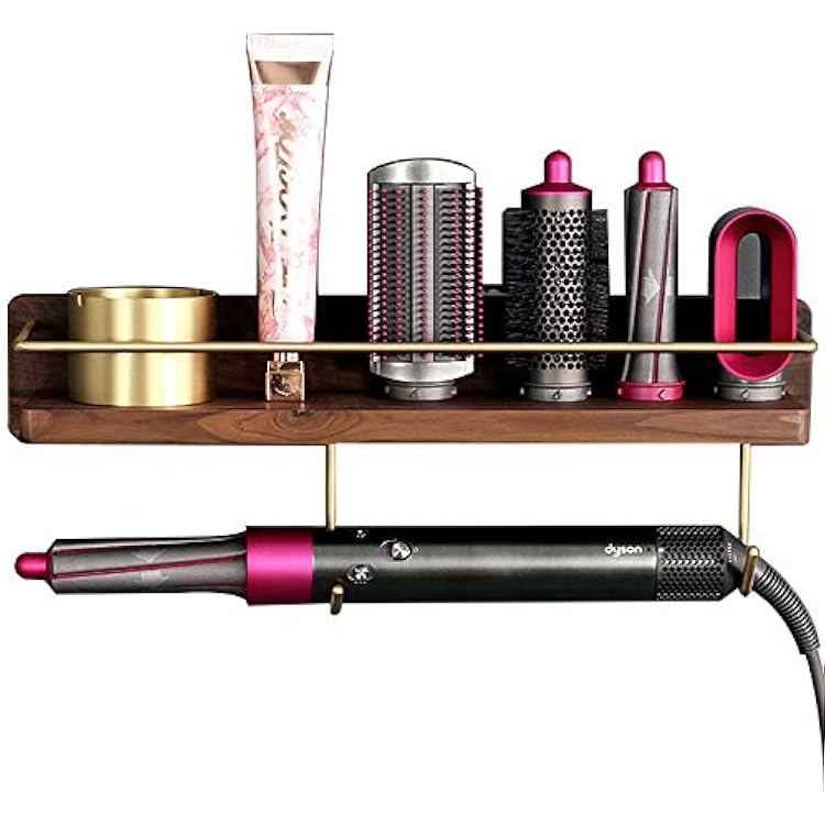 Affogato Wall Mounted Holder for Dyson Airwrap Styler Hair Curling Wand Brush Barrel Bathroom Shelf Tray Wood Stand Home Bedroom Hair Salon Storage Organizer with Hook for Comb Cream Facial Cleanser