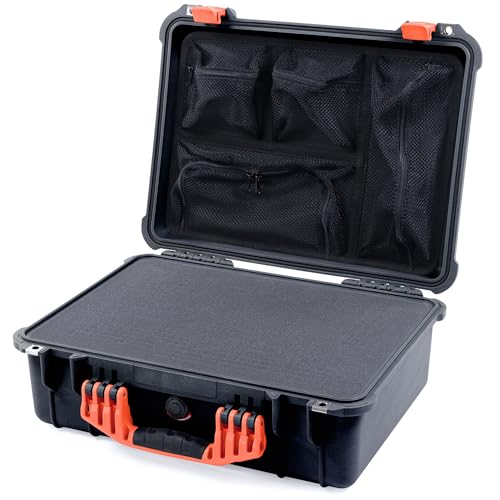 Pelican 1520 Case by ColorCase - Black - Medium Size Waterproof Case with Pick & Pluck Foam Set & Mesh Lid Organizer - Orange Handles & Latches