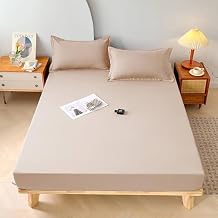Fitted Sheets King, Chemical Fiber Solid Color Bedding Fitted Sheet Mattress Protector, Beige-Camel, C-King (79 x 71)