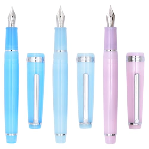 3 PCS Jinhao 82 Acrylic Fountain Pen, Iridium Fine Nib with Ink Converter, Blue, Light Blue and Pink Classic Design Smooth Writing Pen Silvery Trim