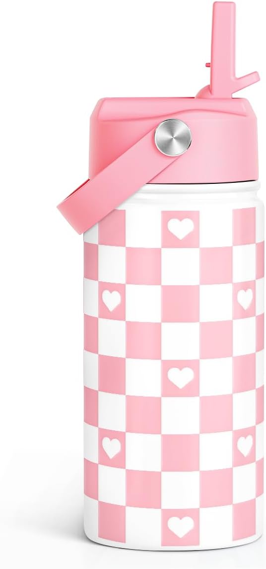 SANDJEST Checker Print Kids Water Bottle With Straw Lid 12oz Insulated Stainless Steel, Travel Tumbler, Pink Bow Gifts For Girls, Birthday, Christmas, Back To School