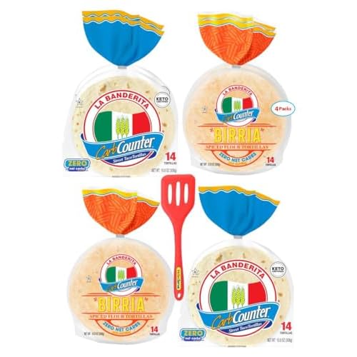 La Banderita Carb Counter ZERO Net Carbs Street Taco Variety Pack - Birria Spiced & Original Flour Tortillas - 0g Net Carbs - Keto Friendly - 4.5 - 14 Count, 10.8 oz. - 4 Packs with ValorServeTM Mini Kitchen Utensil - Low Carb Tortillas