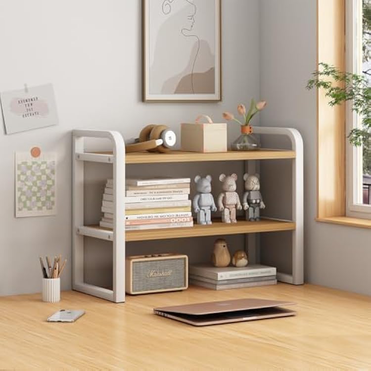 Office Desk Shelf Organizer, Wood Desktop Bookshelf Supplies Storage Rack, Shelf for Top of Desk and Dresser and Cubicle Decor Aesthetic Bookshelf White Wood-Two Tier