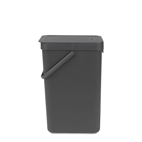 Brabantia Sort & Go Recycling Trash Can 4.2 Gallons (16L)(Gray), Space-Efficient Plastic Garbage Can with Handle, Removable and Stay-Open Lid, Easy to Clean Kitchen Bin without Nooks and Rims