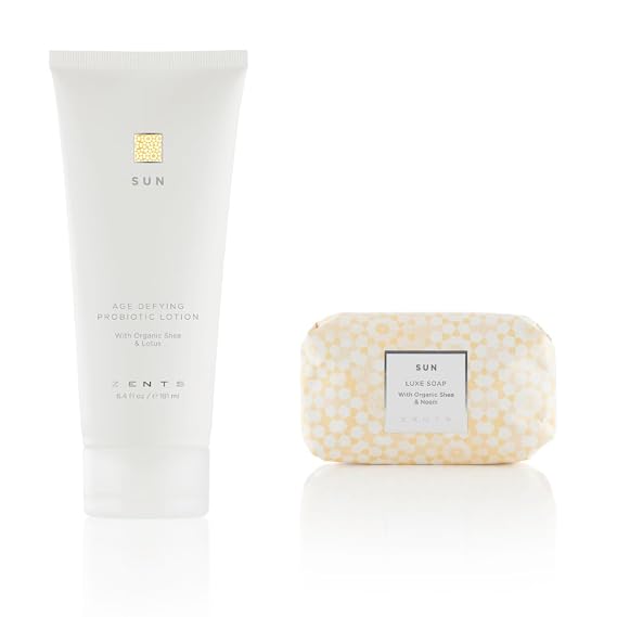 Zents Age-Defying Probiotic Lotion & Triple-Milled Luxe Bar Soap Set (Sun Fragrance) | Moisturizing Lotion with Hyaluronic Acid & Organic Shea Butter | Wth Organic Shea Butter | 6.4 fl oz & 5.7 oz