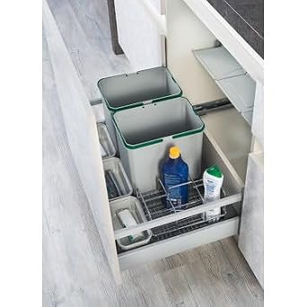 Starax Plastic Drawer Inside Automatic Lid Trash Can and Detergent Set, 2x12L, For Kitchen Cabinet, Automatic Opening