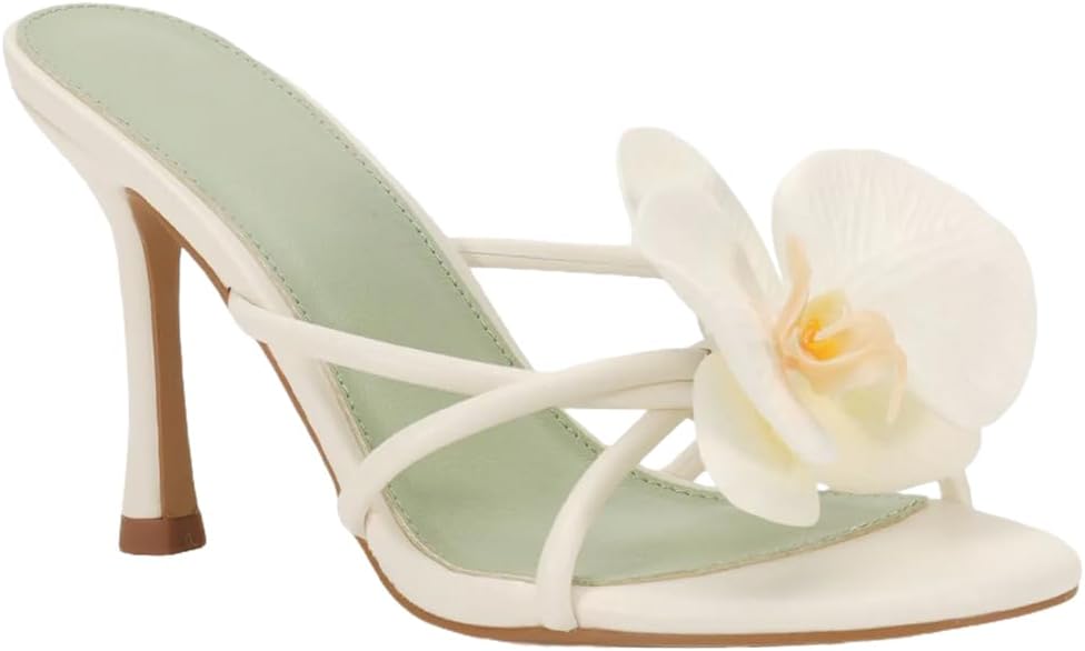 YIYA Women's Flower Strappy Kitten Heels Sandals Elegant Open Round Toe Slip On Slide Floral Slingback Mules Cute Wedding Vacation Party Summer Dress Shoes