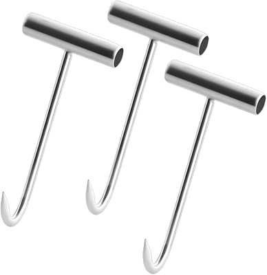 7.87 Inch T-Handle Meat Boning Hook, 3 Pack Meat Hooks for Butchering, T Shaped Butcher Hooks for Kitchen Butcher Shop Restaurant BBQ Tool, High Temperature Quenching, High Strength, Silvery