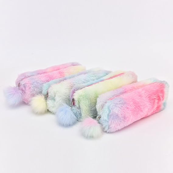 2Pcs Cute Pencil Case, 21cm Plush Rainbow Pencil Case Fluffy Pencil Bag Makeup Pouch Cosmetic Bag with Pompom Ball for Kids School