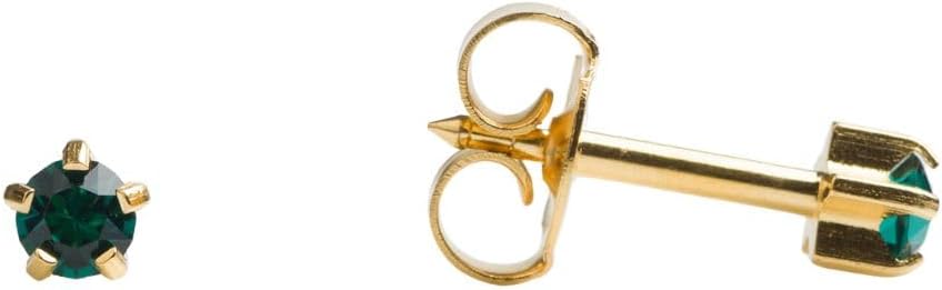 Studex Universal May Emerald 24K Gold-Plated Stud Earrings | 3mm 5-Prong Design | Hypoallergenic and Nickel Safe for Sensitive Ears | High Fashion Earrings for Women