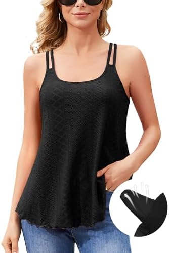V FOR CITY Womens Tank Tops with Built-in Bra Flowy Eyelet Embroidery Camisole Adjustable Spaghetti Strap Camis Shirts