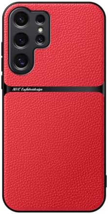 Case Compatible for Samsung Galaxy S25 Ultra - Litchi Grain Magnetic Holder Built-in Metal Plate Cover Bumper - Red