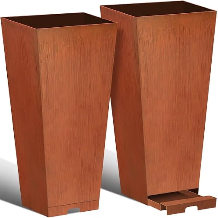 KOL 2-Pack 28 H Galvanized Steel Planter Box, with Insert Tray Drainage Holes, Tapered Black Powder Coated Metal Planter, Tall Heavy Duty Modern Flower Pot, Outdoor Use Rusty