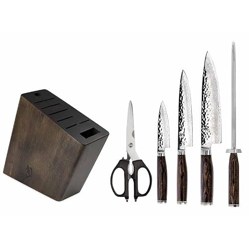 Shun Premier 6 Piece Knife Block Set, Includes 8 Chef, 4 Paring, 6.5 Utility Knives, Multi Purpose Shears & Honing Steel, Handcrafted Japanese Knife Set, Pakkawood Handles