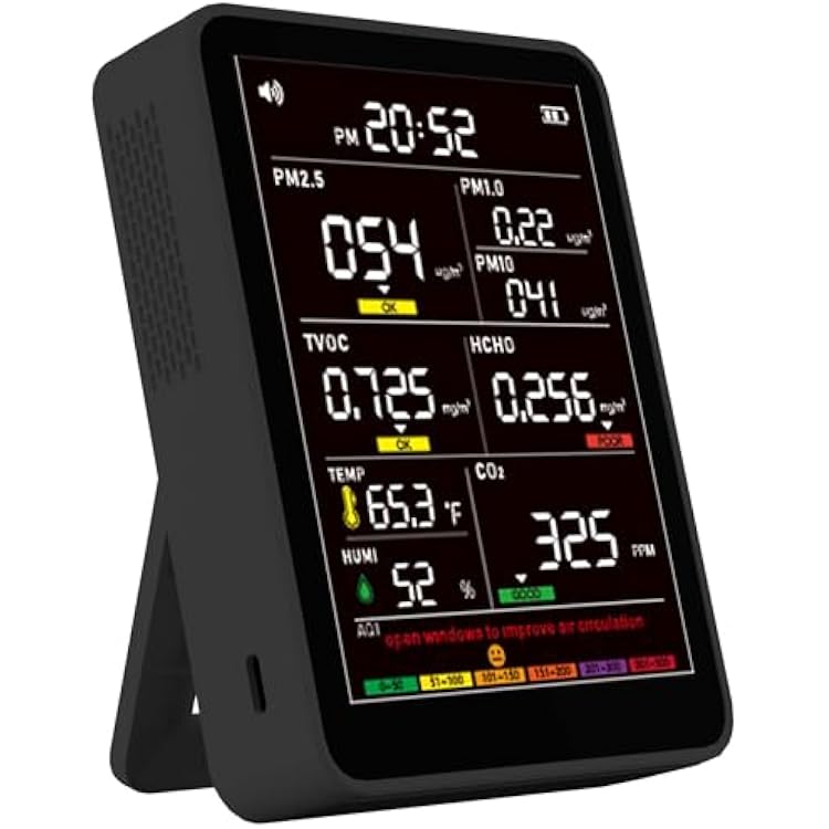 Air Quality Monitor Indoor,16-in-1 Smart Air Quality Tester with PM 2.5, CO2, TVOC, HCHO, PM1, AQI, PM10, Temperature & Humidity, Real Time Display, Battery Powered, for Home & Office