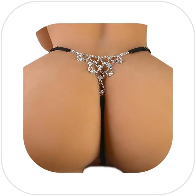 Sexy Bikini Rhinestone Mesh Thong Panties Summer Beach Crystal Waist Chain Thong Elasticity Rhinestone Rave G String Waist Body Chain Jewelry for Women