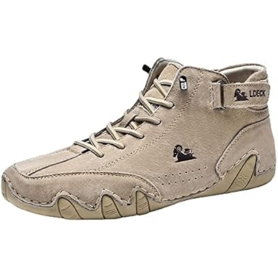 DBECK Mens Chukka Boots Suede Leather Casual Sneakers Non-Slip Breathable High Boots Lace-up Flats Oxford Shoes Vintage Hand Stitching Comfort Soft Loafers Flat Shoes for Walking Driving Beige