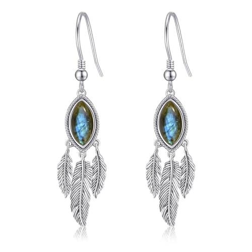 Feather Dangle Earrings for Women 925 Sterling Silver Earrings Teal TurquoiseTurquoiseLabradoriteMoonstone Drop Earrings with Feather Boho Vintage Leaf Hook Earrings Western Jewelry Gifts