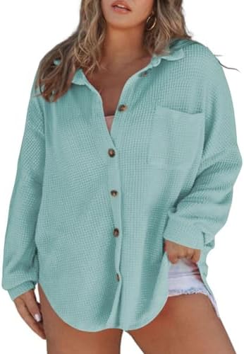 Eytino Womens Plus Size Boyfriend Shirts Casual Long Sleeve Button Down Oversized Waffle Knit Shacket Jacket1X-5X