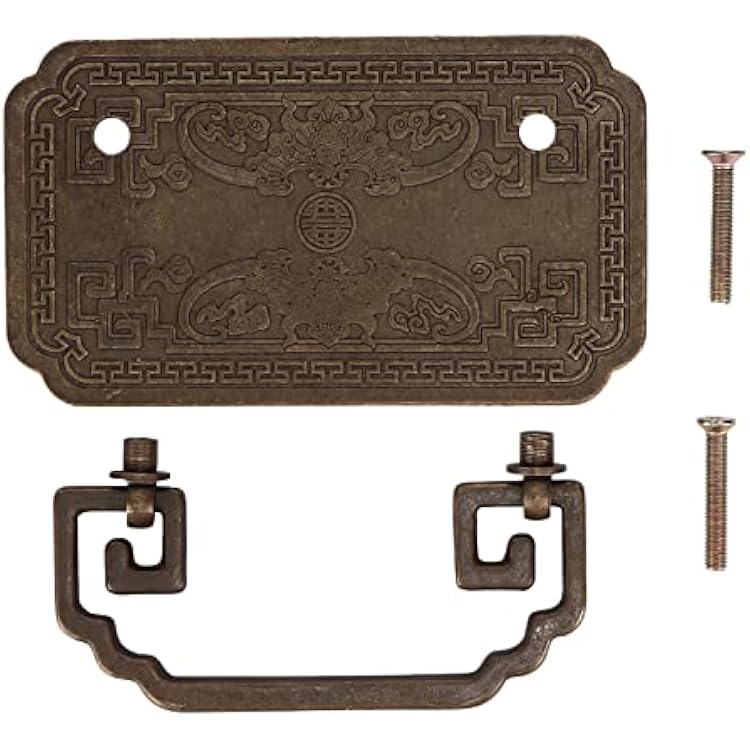 Hyuduo Chinese Antique Brass Cabinet Handle, Tetragonal Bat Design, Pure Copper, 4.1 x 2.4 inch, Vintage Drawer Pull with Screws