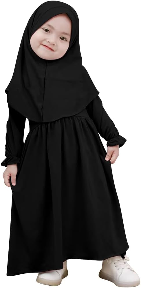 ABAFIP Baby Girl Muslim Dress Toddler Abaya Islamic Dubai Kaftan Hijab Prayer Dress 2Pcs Outfits