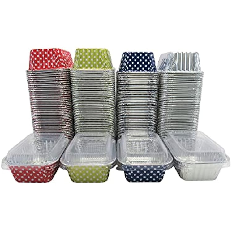 KitchenDance Disposable Aluminum Mini 6 ounce Individual Sized Loaf Pans #4004 Color & Lid Options Gold Polka Dot- With Lids, 50