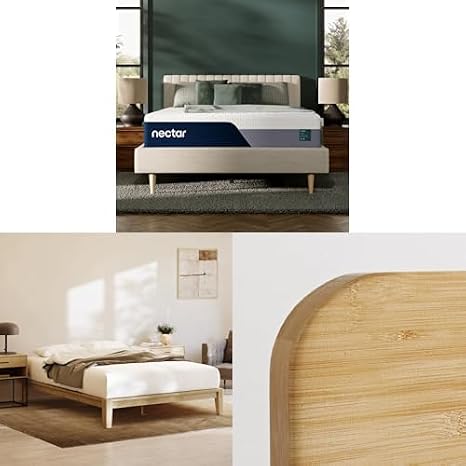 Nectar Twin Bamboo Platform Bed Frame, Headboard & 13 Mattress - Easy Tool Free Set Up - Contemporary and Durable - Sturdy Wooden Slats for Support - Holds Up To 500 Pounds