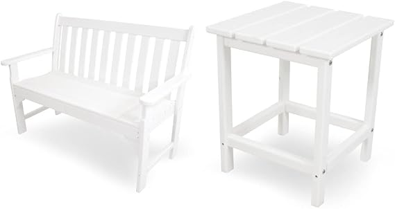 POLYWOOD GNB48WH Vineyard 48" Bench, White & ECT18WH Long Island 18" Side Table, White
