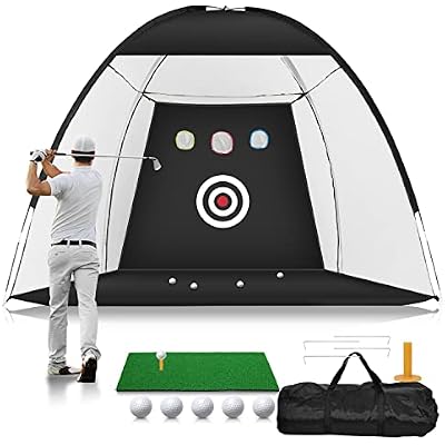 Golf Practice Net - 10x7ft Hitting Aid with Targets  1 Mat  5 Balls  1 Tee  Bag - Mens IndoorOutdoor Swing Trainer